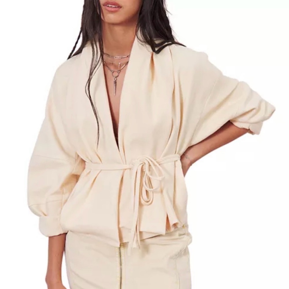 Ba&sh Joyce Jacket Sz 1 US 4 Linen Cotton Wrap Tie Waist Cream/Ecru Boho Kimono